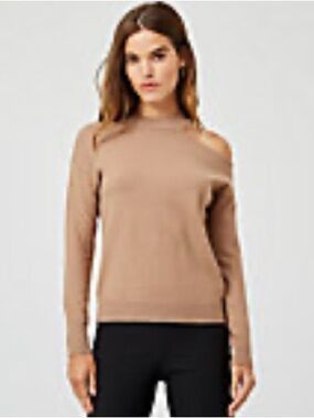 Le Chateau Tan Brown Viscose Blend Mock Neck Open Shoulder Sweater Size Large